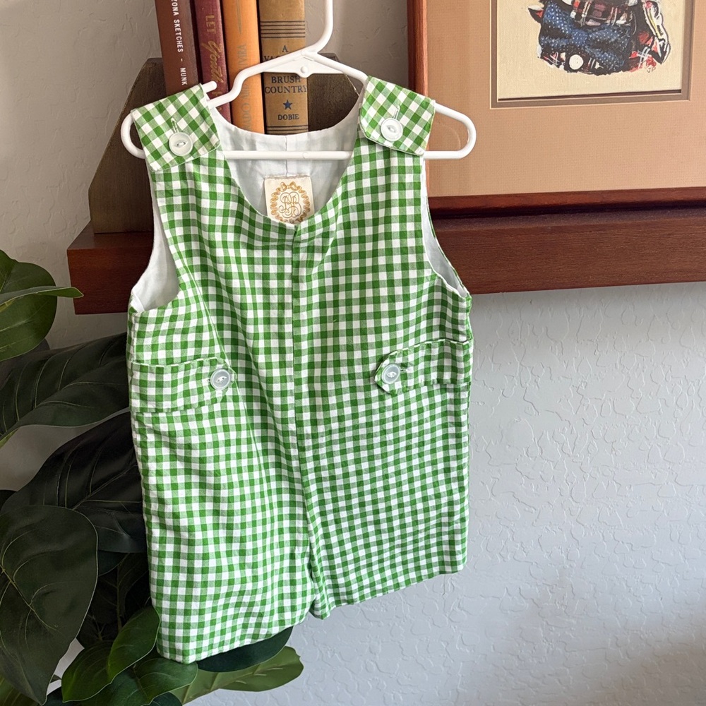 The Beaufort Bonnet Company Green and White Gingham Boys/Unisex One-Piece Romper